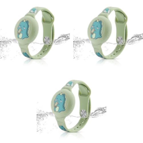 ZORBES® Kids Airtag Bracelet Cartoon Dino Silicone Wristband 9 Inches Adjustable Anti-Lost Waterproof Full Cover Protection for Air Tag Green 3PCS