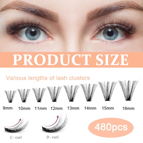 MAYCREATE® 480PCS Lash Clusters DIY Eyelash Extensions, Lash Clusters 9-16mm Mixed D Curl Individual Eyelashes Clusters Wispy DIY Eyelash Extension Thin Band & Soft