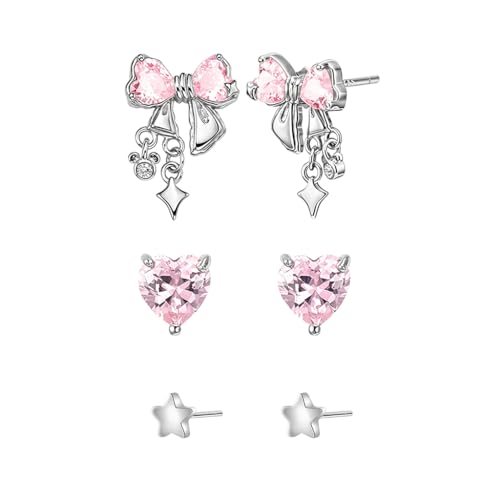 SANNIDHI® 3 Pairs Ear Studs Earrings Set for Women Sweetly Stylish Pink Bow Earring Glittering Rhinestone Embellishment Ear Stud Dainty Jewelry Gift
