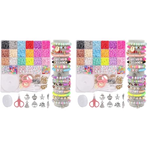 SANNIDHI® 3200+ Clay Beads for Bracelet Making Kit Flat Polymer for Kids Activity Alphabet Heart Smile Face Set Girls Women DIY Craft Birthday Christmas Gift 2 PCS