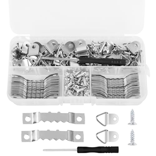 HASTHIP® 251Pcs Picture Frame Hanging Kit with Tool Box, Silver Metal Hangers, Saw-Tooth Strips & M4 Screws, Hardware Heavy Duty Picture Hangers for Artworks, Photos & Decorative Wall Panels