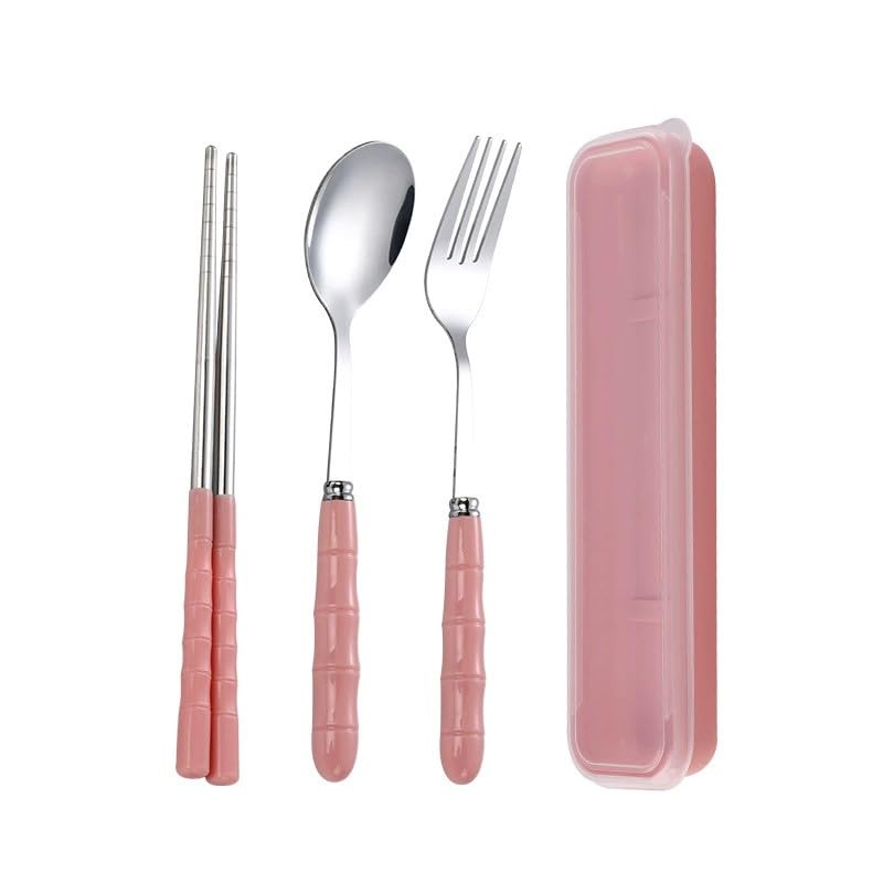 ZIBUYU® 3Pc Cutlery Set for Dining Table, Stainless Steel Chopsticks&Fork&Spoon with Case Kitchen Utensils, Reusable Portable Travel Camping Tableware Set for Women Lunch Box Office Picnic Daily Use
