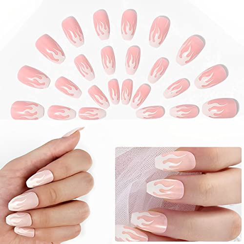 MAYCREATE® 24pcs French Press on Nails Natural False Nails Solid Color Full Cover Fake Nails Artificial Acrylic Nails for DIY Nail Art Salon Women Girls