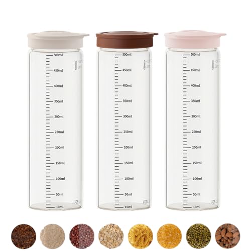 Supvox® Set of 3 Glass Jars with Airtight Lids 500ml Mason Jar Containers for Kitchen Storage 8 Inch Clear Glass Jars with Scale Markers Ideal for Grains, Beans, Pasta, and Nuts