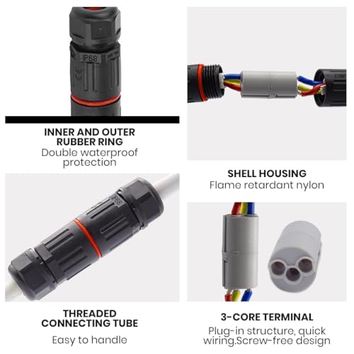 Serplex® 4PCS Quick Electrical 3 Pin Plug IP68 Indoor Outdoor Wire Cable Connector Easy Push In Terminal Block Conductor