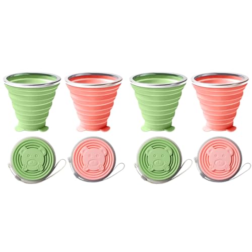 HASTHIP® 4 Pack Collapsible Cup for Travel Accessories Silicone Small Foldable Glass with Lids Reusable Expandable 180mL Drinking Cup Camping Accessories for Outdoor, Travel - Pink&Green
