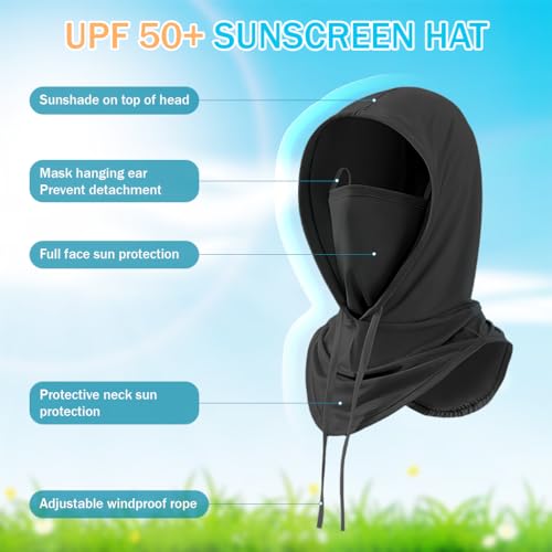 Optifit® Face Mask for Bikers 3-in-1 Balaclava Sun Hood with Neck Gaiter Ice Silk Cool Touch Adjustable Drawstring Lightweight Quick Dry Protection for Biking Hiking Black 2PCS