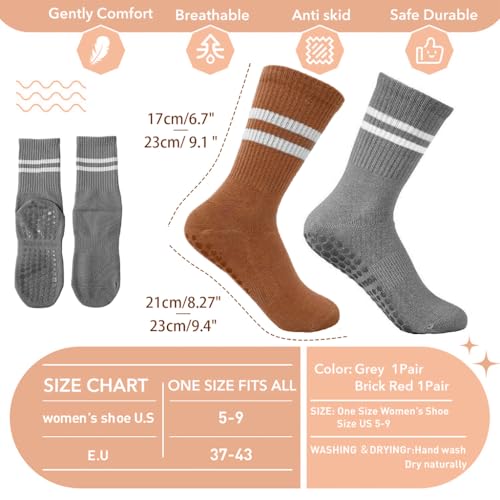 Proberos® 2 Pairs Yoga Socks for Women Anti-slip Anti-odor Cotton Compression Sport Fashion for Pilates Running Dance Grey Brick Red 3PCS