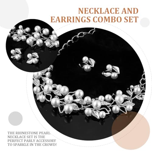 ZIBUYU® Necklace & Ear Studs Combo Set Floral Pearl Necklace Ear Studs Bold Sparkling Rhinestone Embellishment Alloy Chain Necklace Women Jewelry Gift Set