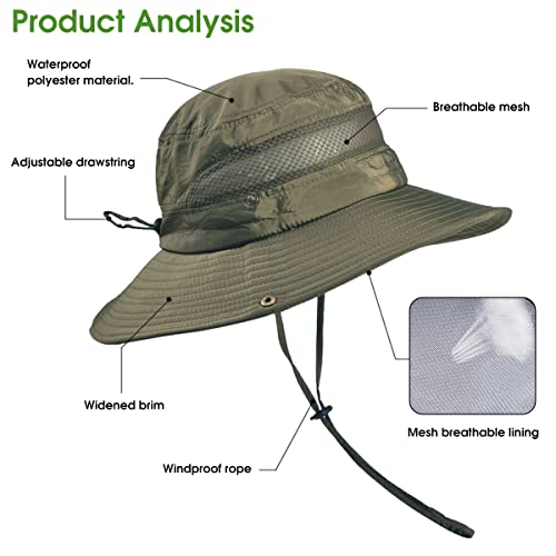 GUSTAVE® Synthetic Mens Sun Hat Wide Brim Summer Protection Cap for Men UV Round Hiking Fishing Gardening Travel Multi-Colour Army Green Free Size 2 PCS