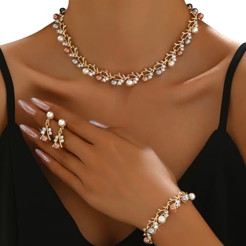SANNIDHI® Stylish Design Fancy Pearl Bracelet Earrings Necklace Jewellery Set for Women (15214s) Valentine Gift for Girlfriend