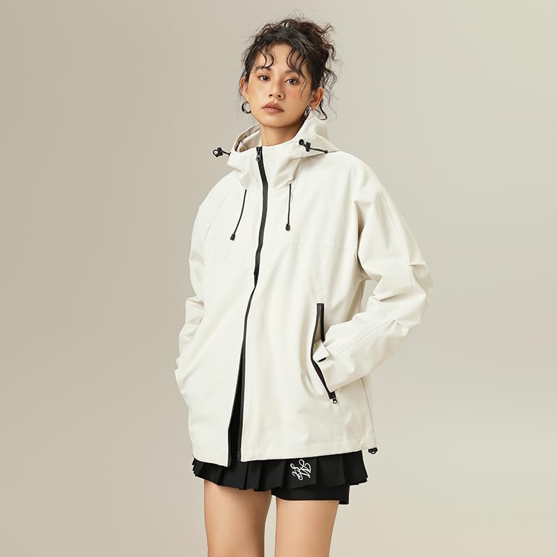 Venzina® Outdoor Hiking Jacket for Women Windproof, Splashproof Hoodie with Pockets, Dual-Way Waterproof Zipper, Loose Fit Long Sleeve Fashion Outdoor Couple Jacket for Hiking, Daily-Light Khaki-M