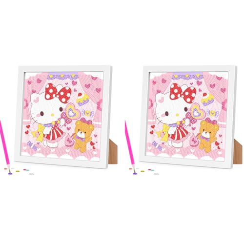 FANCYKU® DIY Diamond Painting Kit for Kids 7 Inches Cute Cat Bear with Wooden Frame Desk Decoration Craft Gift 2 PCS