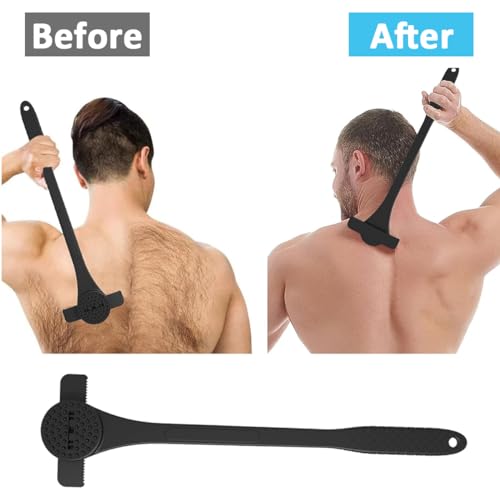 MAYCREATE Back Hair Shaver 18 Inches Long Handle Silicone Back Hair Shaver 2 in 1 Multifunctional Back Hair Shaver with Silicone Scrubber Pad Anti-slip Handle Design, With 5 Stainless Steel Razors