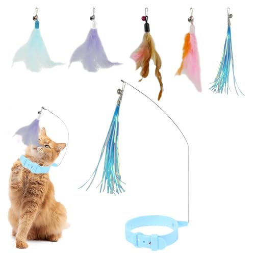 Qpets® Cat Teaser Toy, Silicone Collar Feather Dangler with Interchangeable Feather Charms Interactive Cat Toy Self-entertainment Feather Toy
