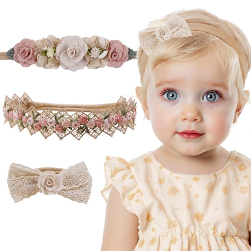 SNOWIE SOFT® 3Pcs Hair Bands for Baby Girls 0-24 Months,3-Design Nylon Turban Knotted Bow Baby Girl Hair Bands Flower Crowns,Soft High Elastic Headbands for Girl - Accessories