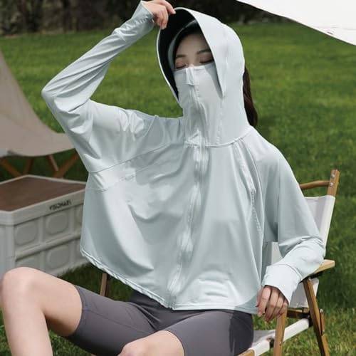 PALAY® Sun Protection Jacket for Women UPF 50 Plus Black Coating Wide Brim Hat Lightweight Full Zip Up Outdoor Running Hiking Hoodie with Face Mask Grey 2 PCS