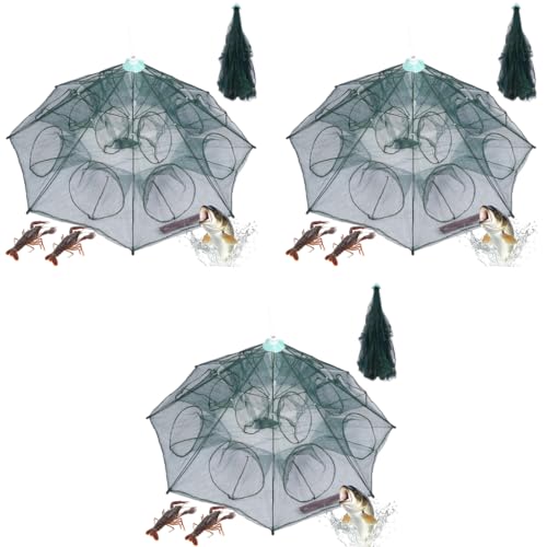 Proberos® Fishing Net Foldable with Reinforced Ribs 24 Holes Automatic Fish Trap Portable Nylon Lobster Crab Cage Basket Tool for Fishing 12 Sides 3 PCS
