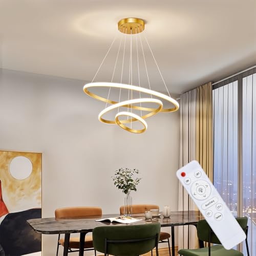 ELEPHANTBOAT® Modern 3-Ring LED Chandelier Lamp, 55W Dimmable Pendant Lighting with Remote Control for Living Room, Bed Room, Dining Room (Gold)