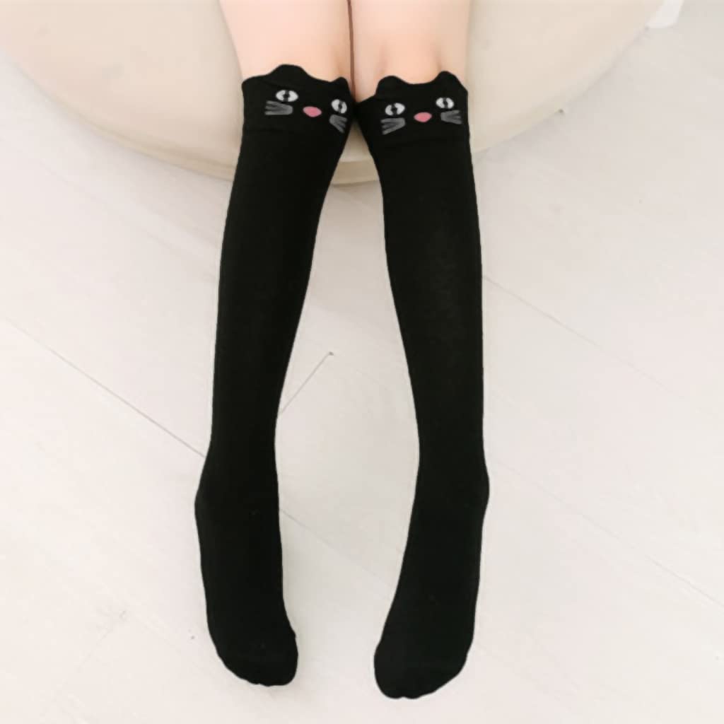 ZIBUYU Cotton Long Socks for Girls featuring Cute Kitty Design and Winter Warmth | 1 Pair Black 2PCS