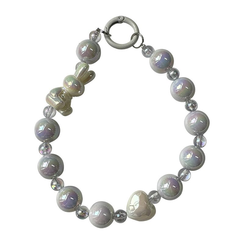 ZIBUYU® Bunny Phone Charm Beaded Chain Cute Purple Acrylic Strap for Mobile Keys Bags Decorative Wrist Keychain Accessory Women Girls White 2PCS