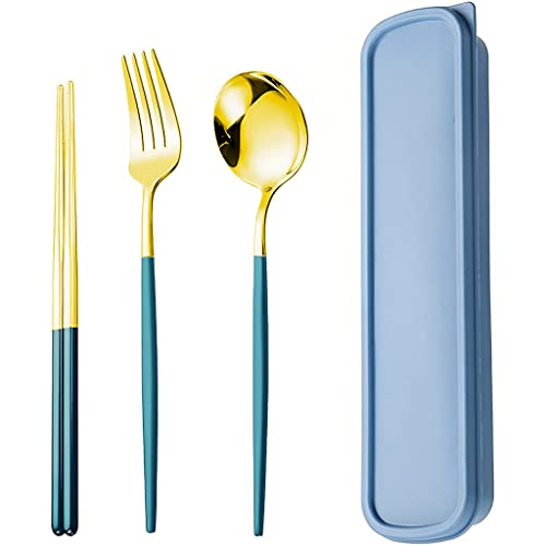 HASTHIP® 3 Pcs Premium Gold Stainless Steel Fork Spoon Chopsticks, Portable Utensils with Box, Travel Camping Cutlery Set, Stainless Steel Flatware Set (Blue)