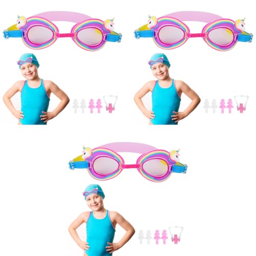 Proberos® Kids Swimming Goggles Anti-Fog UV Protection Adjustable Silicone Seal Leak-Free Fit Cartoon Rainbow Unicorn Design Ear Plugs Case 6-12 Years 3PCS