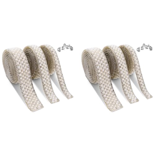 HASTHIP® 3 Rolls DIY Pearl Rhinestone Ribbon Tape 1cm 1.5cm 2cm Self-Adhesive Glittering Strips for Bag Art Decoration Scrapbook 1 Yard Per Roll 2PCS