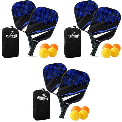 Proberos® Pickleball Racket Set with 4 Balls Carry Bag Fiberglass Surface Honeycomb Shock Absorption Tech Lightweight Paddle Kit for Outdoor Indoor Family Games Kids Adults 3PCS