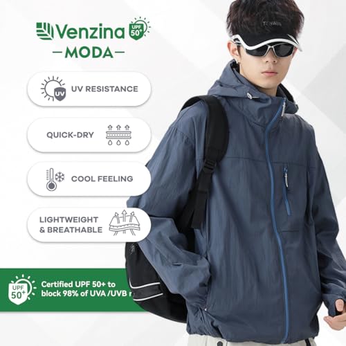 Venzina® Men's Lightweight Athletic Jacket Stylish UPF 50+ Sun Protection Top Quick Dry Full Zip Hoodie with Back Air Vent & Chest Zip Pocket, Waterproof UV Workout Coat for Outdoor, Navy Blue, M