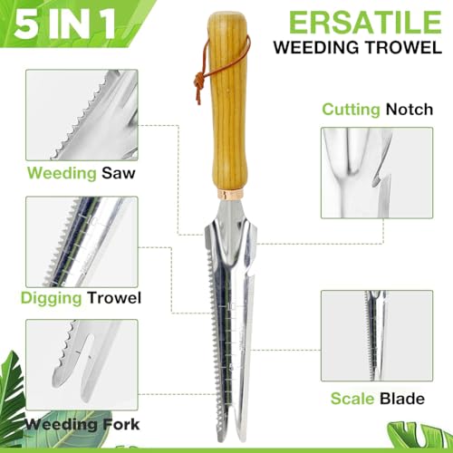 HASTHIP 5 in 1 Garden Weeder Hand Tool - 34CM Manual Weeder Tools - Stainless Steel Gardening Weeder Tool - Home Garden Weed Removal Tool - Multifunctional Fishtail Weeder - Suitable for Garden&Lawn