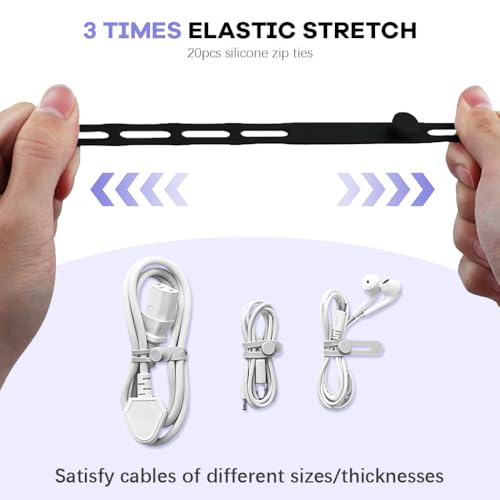 Verilux® 60PCS Silicone Cable Ties 5.12 Inches Elastic Multi Color Adjustable Reusable Cord Organizer for USB Power Headphone