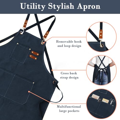HASTHIP® Canvas Work Apron for Men Women Dark Blue Adjustable Tie-Back Multiple Front Pockets Metal Eyelets Heavy Duty Kitchen Barista Woodwork Workshop Stain Tear Resistant 3PCS