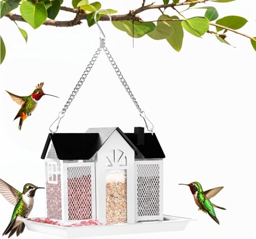 HASTHIP® Bird Feeder for Tree, Hanging Bird Feeder Bird Food Container 3-Compartment Metal Hut-Style Bird Feeder with Roof, Decorative Bird Viewing Bird Feeder