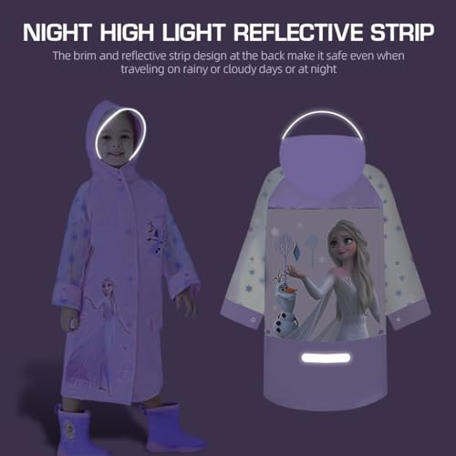 PALAY Raincoat for Kids Girls with Pockets, EVA Hooded Poncho with School Bag Rain Cover, Cartoon Printed Knee Length Long  Kids Rain Coat with Pocket (L)