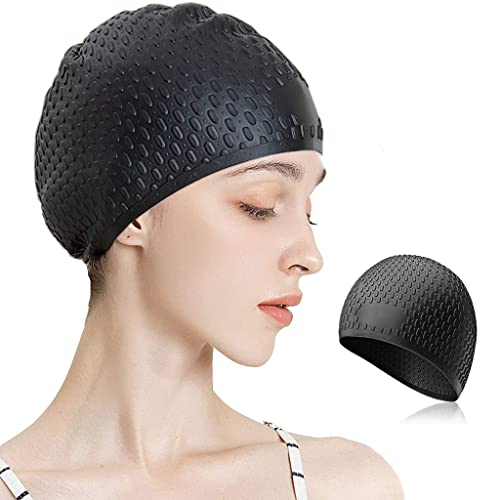 Proberos Silicone Swim Cap, Classic Silicone Swimming Cap for Adults, Swimming Cap Long Hair, Swimming Pool Cap, Waterproof Silicone Swimming Cap for Adult Woman and Men Black