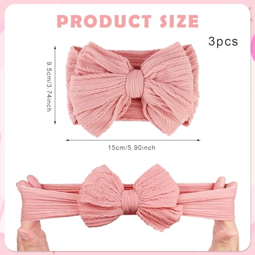SNOWIE SOFT® 6PCS Hair Bands for Baby Girls 0-24 Months 3-Color Nylon Turban Knotted Pink Bow Girl Super Stretchy Headbands Accessories