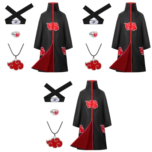PATPAT® Akatsuki Costume Cloak Set 12PCS Anime Cosplay Itachi for Women Men with Headband Necklace Ring Halloween Party Size XL