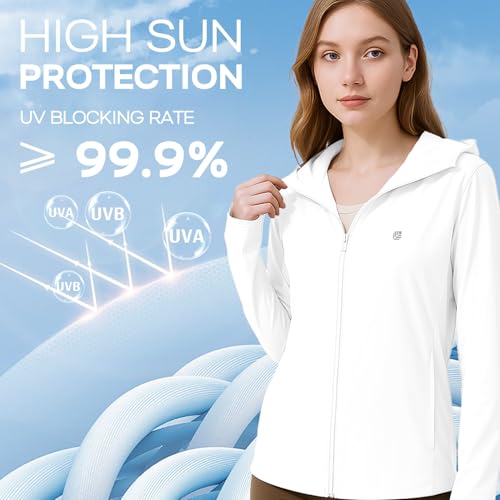 Venzina® Women's UPF 50+ Lightweight Athletic Jacket Long Sleeve Sunscreen Protective Clothing UV Sun Protection Full Zip Cooling Hoodie for Women for Outdoor Hiking, White-2, M