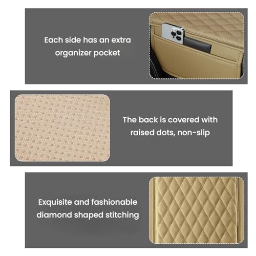STHIRA® 2 Pcs Microfiber Leather Car Armrest Cushion Pad With Dual Storage Bags, Super Comfortable Center Console Cover, Universal Fit, 20x30.8cm, Durable Car Arm Rest Protection For Most Cars (Khaki)