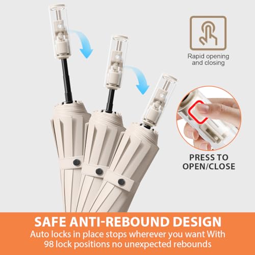 PALAY® Big Umbrella for Rain and Sun Protection Windproof Reinforced 12 Ribs Sectional Closure Compact Travel 3 Fold with Mechanical Handle for Women and Men Beige 2PCS