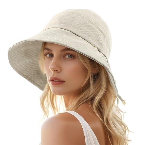 SANNIDHI® Sun Hat for Women Bucket Hat Wide Brim Sun Hat UV Protection Beach Hat with Chin Strap Outdoor Hat Fashion Women Sun Hat Adjustable Tie-Back Strap Casual Sun Hat Mother's Day Gift