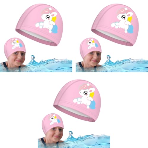 Proberos® Swimming Cap for Girls Waterproof Elastic PU Coated Ideal All Head Shape Silicone Easy Fit No Hair Pulling Chlorine Resistant Swim Kids Age 3-12 3PCS