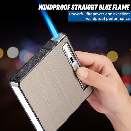 HASTHIP® 2 in 1 Cigarette Case with Torch Lighter, Stylish Brushed Aluminum Alloy Cigarette Case, Refillable Butane Cigarette Lighter(No Butane in), Portable Cigarette Case