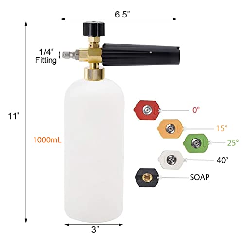 HASTHIP® Car Pressure Washer Gun with 5 Pressure Nozzle Tips and Adjustable Foam Cannon 1 Liter Bottle Snow Foam Lance, Brass Thread With 1/4