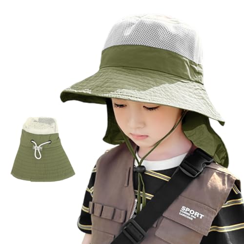 SNOWIE SOFT® Kids Sun Hat with Neck Flap Quick Dry Breathable Mesh Lightweight Wide Brim Sun Hat Bucket Hat Packable Sun Protection Outdoor Travel Hat Camping Hat, Green
