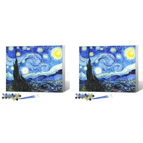 HASTHIP® DIY Art Paint Kit by Number Starry Night Pre-Framed Canvas Oil Painting Set Beginners 15.7x19.6 inches 2PCS