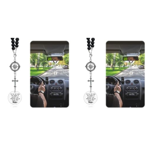 STHIRA® Guardian Angel Cross Car Mirror Hanging Charm with Psalm Verse Beaded Stainless Steel Compass Pendant for Rear Mirror Spiritual Accessories Interior Decor Ideal Gift 2PCS