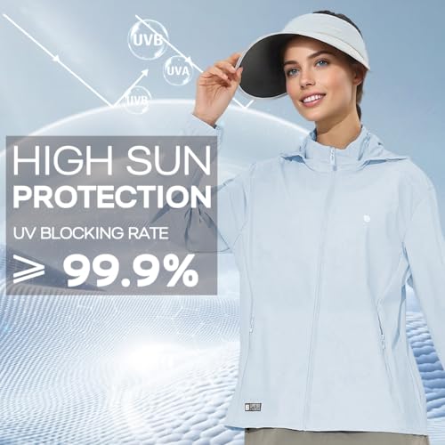 Venzina® UPF 150+ Sun Jacket for Women, Stylish UV Sun Protection Jacket, Cool Feel Quick Dry Sun Hoodie, Fashion Modern Fit with Removable Hat & Zip Pocket, for Driving, Camping, Riding, SkyBlue-L