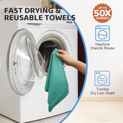HASTHIP® 15-Count Large Microfiber Cleaning Cloth Kitchen Absorbent Cleaning Rags Reusable Washable Rags Traceless Pot Cleaning Rags Pre-Cut Tear Away Microfiber Kitchen Towels, 25x60cm, Green